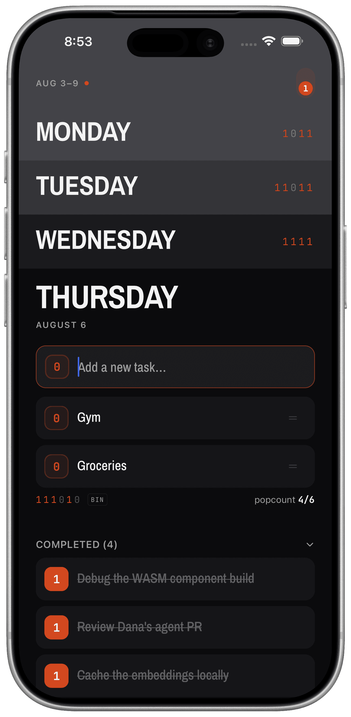 A day open with its task list, each task carrying its own bit, and the day's readout below.