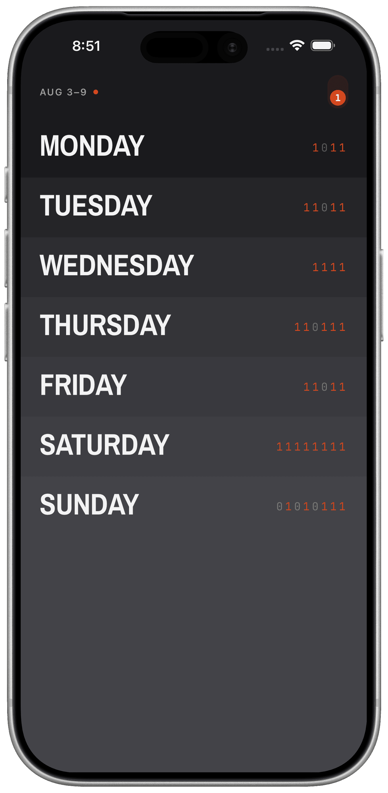 The week view: seven day rows stacked, each one darker than the row above, with each day's bits shown on the right.