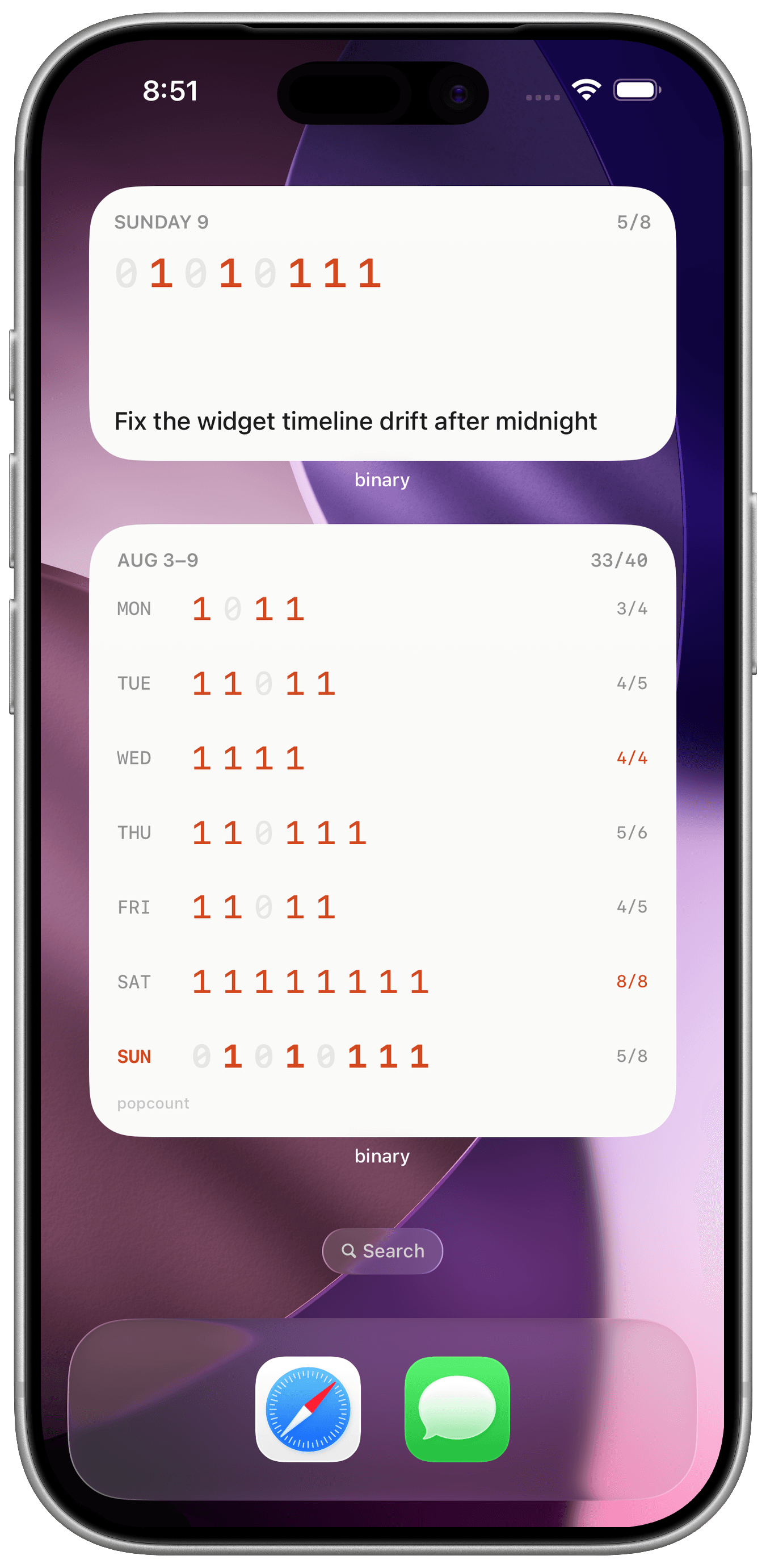 The home screen showing the medium Day widget and the large Week widget.